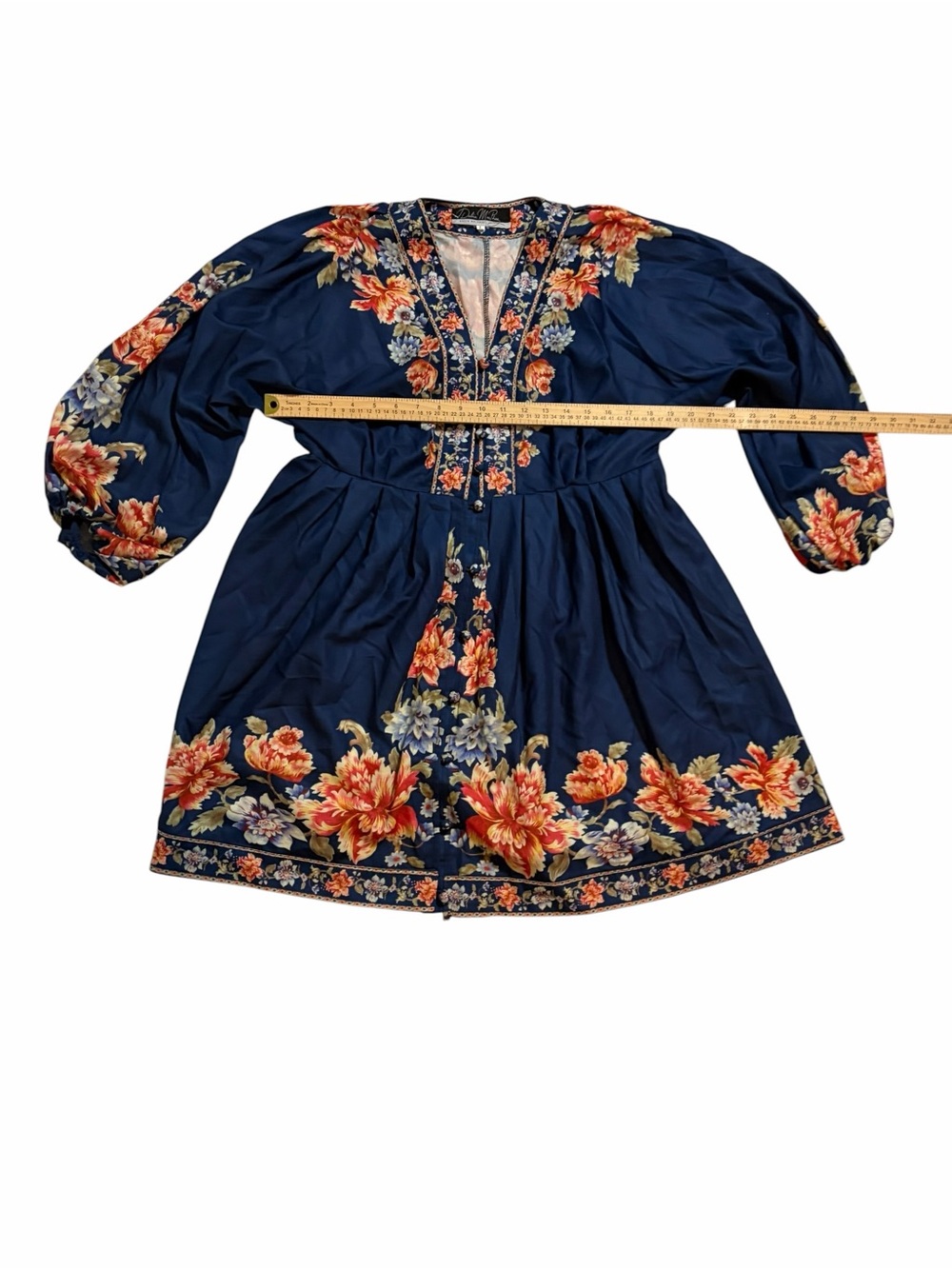 NWOT Dalia Macphee Navy Floral Embroidered Mini Dress with Belt Size-Large - Picture 4 of 8